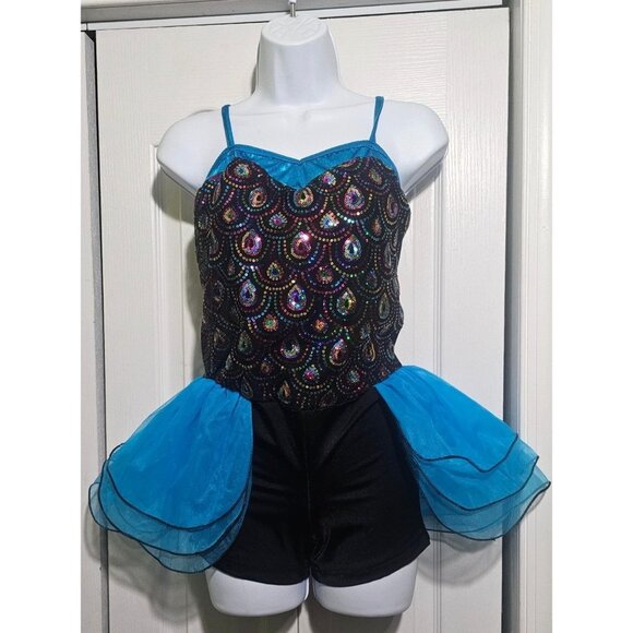 Adult Dance Costume Gallery Unitard Peacock Tutu Sparkly Blouson Jazz Tap Blue M - Picture 1 of 13